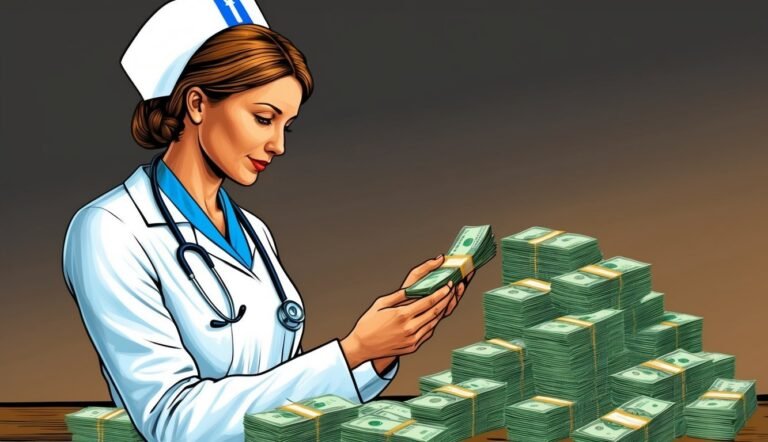 Nurse in uniform looking at stacks of money