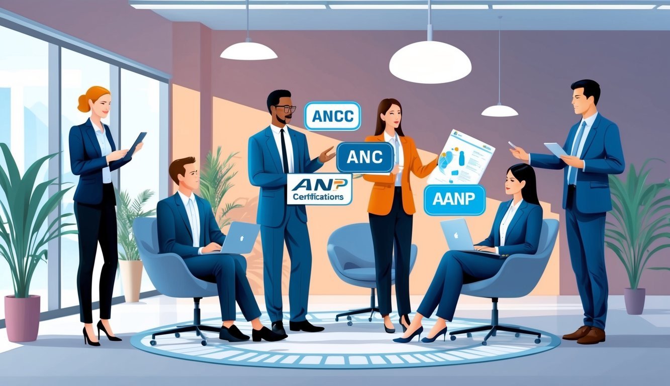 A group of professionals comparing ANCC and AANP certifications in a modern office setting