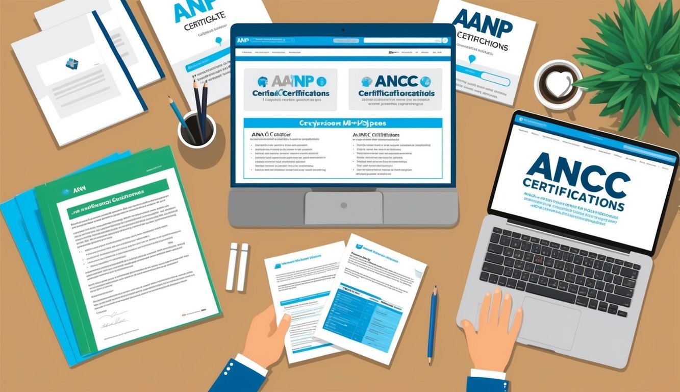A busy office desk with two sets of certification study materials and a laptop open to a comparison of AANP and ANCC certifications