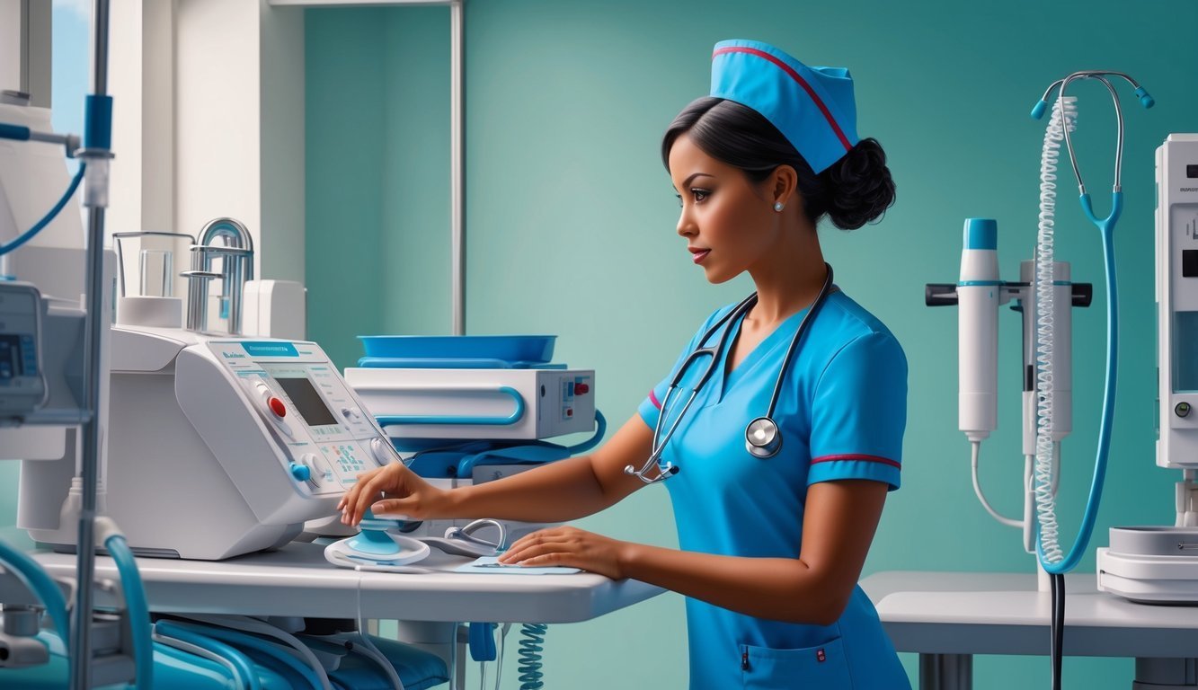 Nurse in blue scrubs operating medical equipment in a hospital room