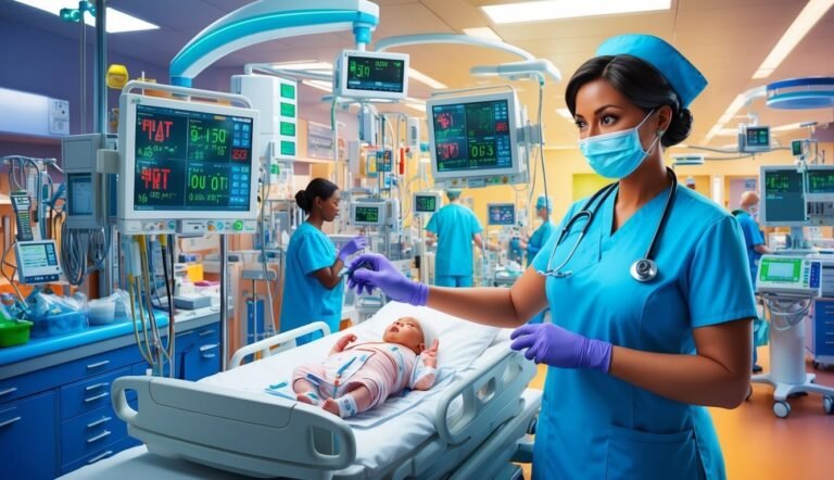 Nurse tending to a newborn baby in a hospital intensive care unit