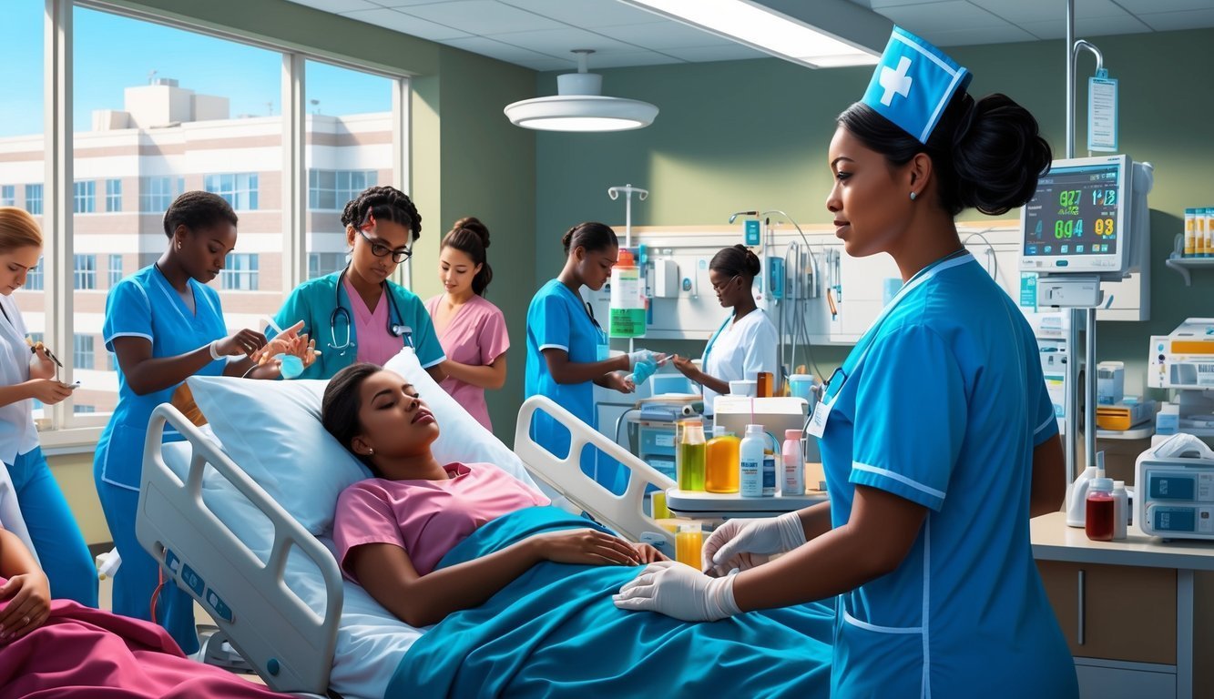 Hospital room with nurses attending to a patient in bed