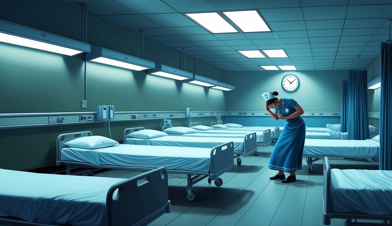 A dimly lit hospital ward with rows of empty beds, a clock on the wall showing the time, and a tired nurse preparing for a long shift