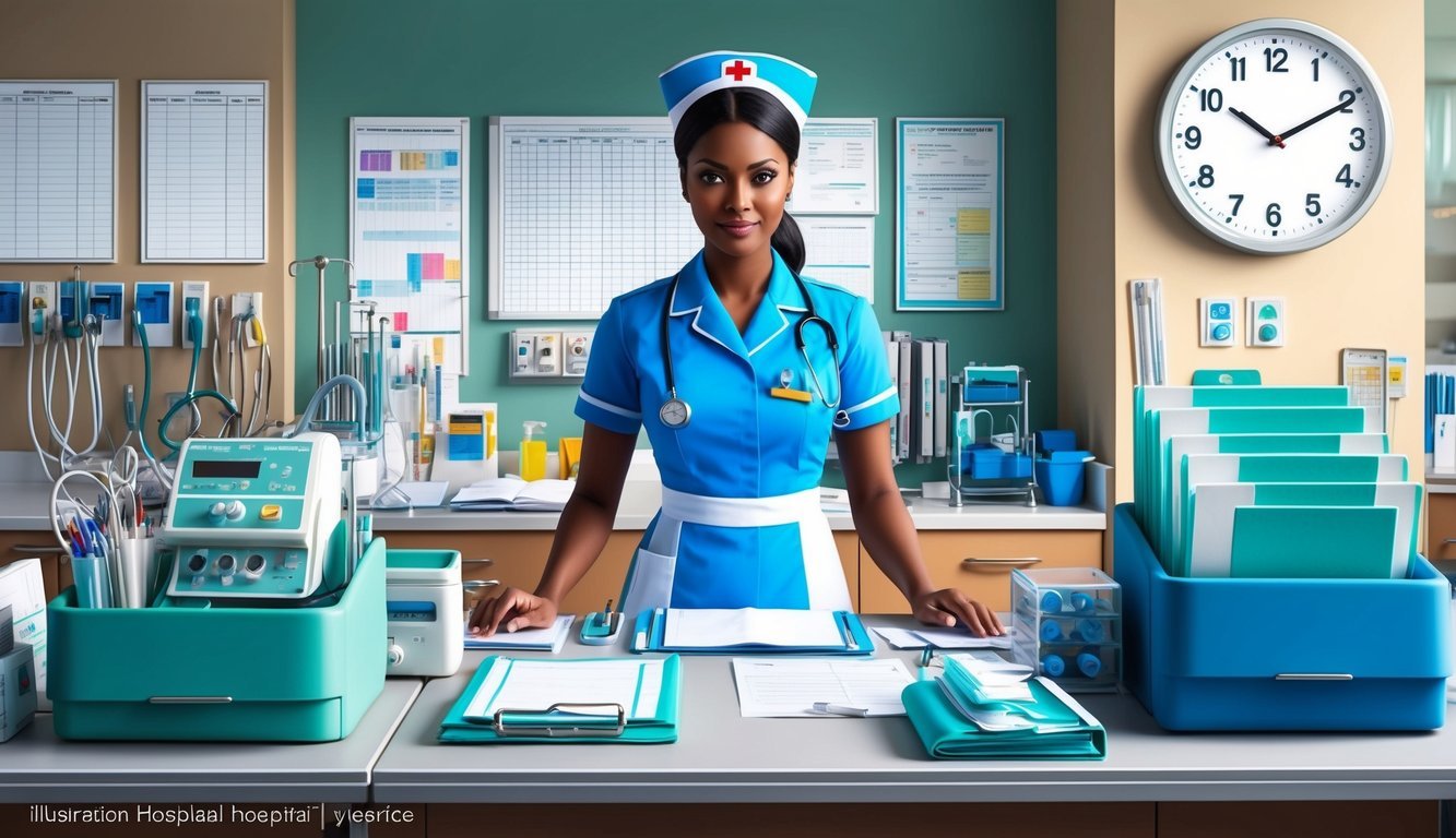 A nurse in uniform working at a busy hospital station, surrounded by medical equipment and charts, with a clock on the wall showing the passage of time