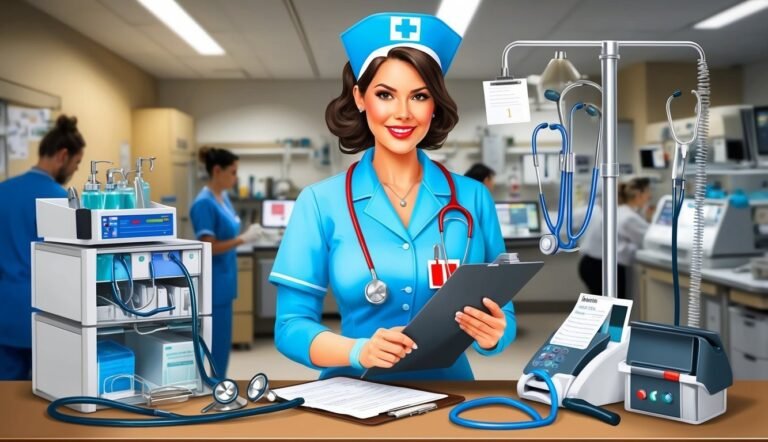 Smiling nurse in blue uniform holding clipboard in a hospital setting