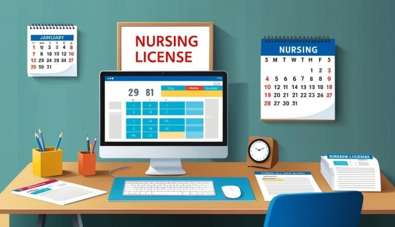 Desk with computer, calendars, and "Nursing License" sign