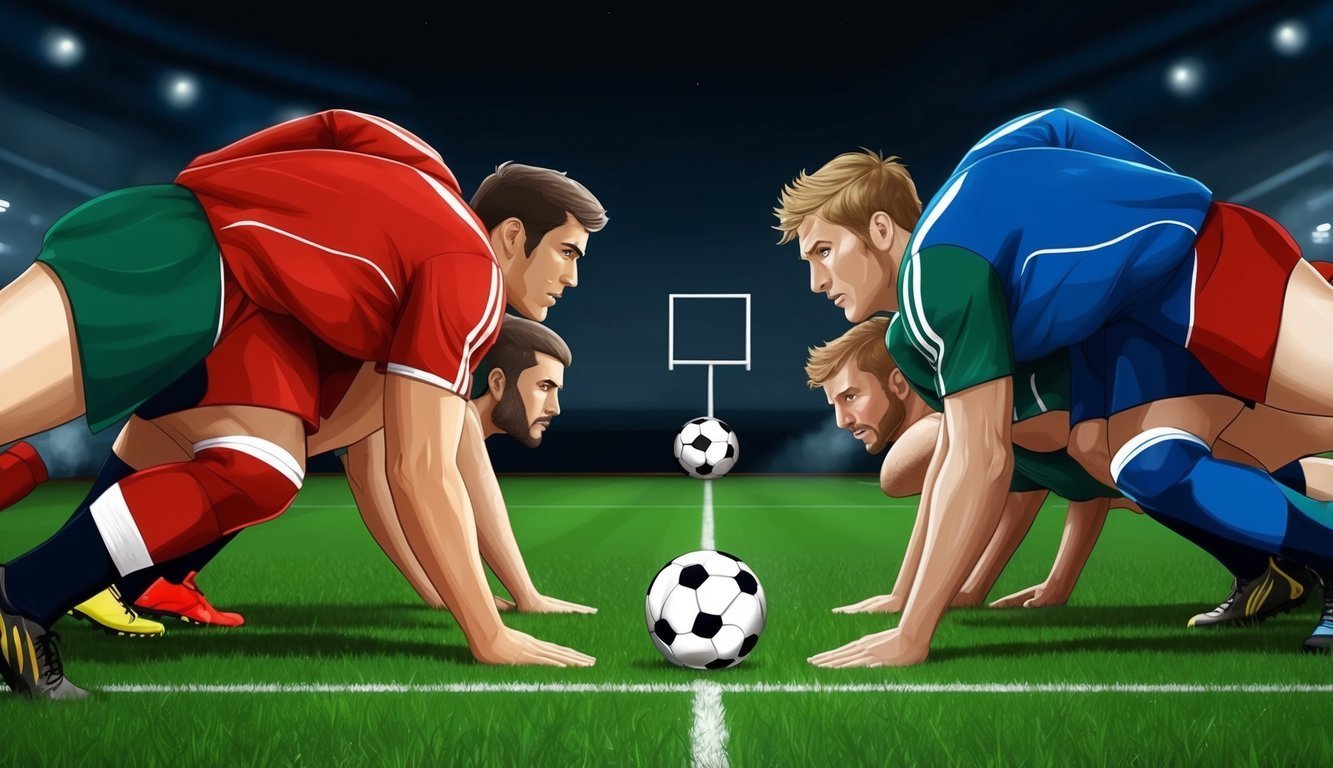 Two soccer teams face off, ready for a kickoff