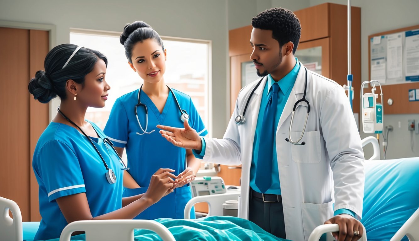 A nurse practitioner and a physician assistant consulting on patient care in a hospital setting