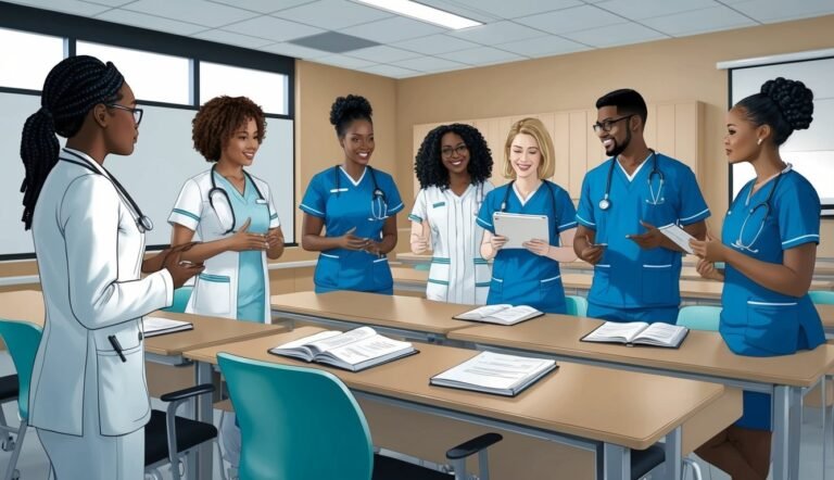 Group of medical students in scrubs standing around desks in a classroom