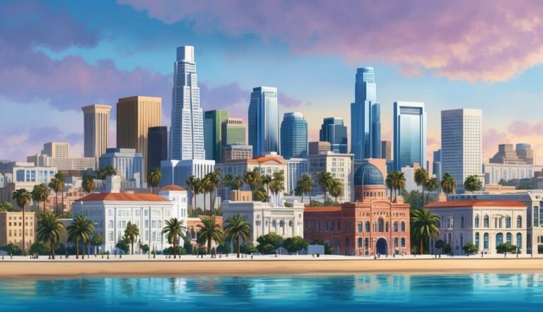 City skyline with palm trees, buildings, and water in the foreground