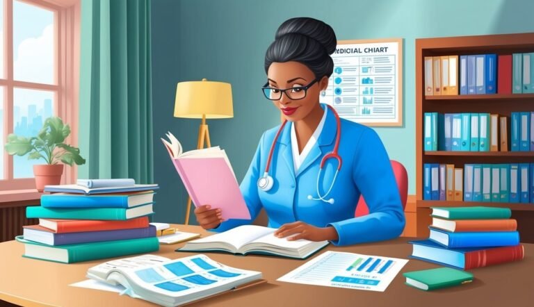 A doctor in blue scrubs reads books at her desk