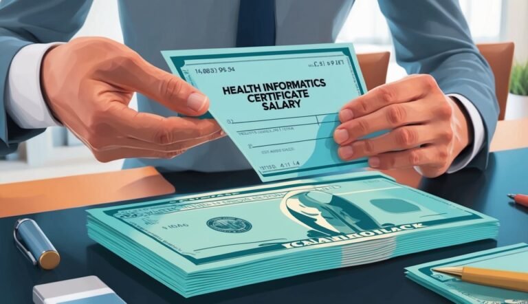 Person holding a "Health Informatics Certificate Salary" check over cash