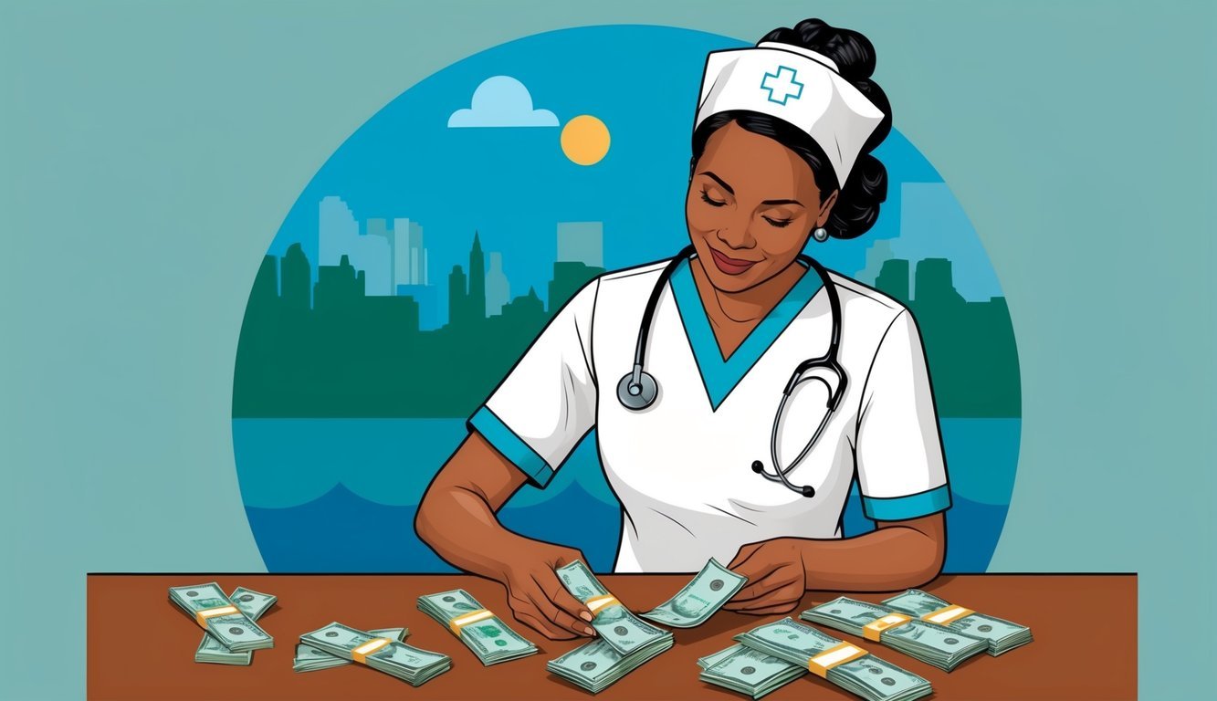 A nurse in Illinois counting money while looking at a pay stub