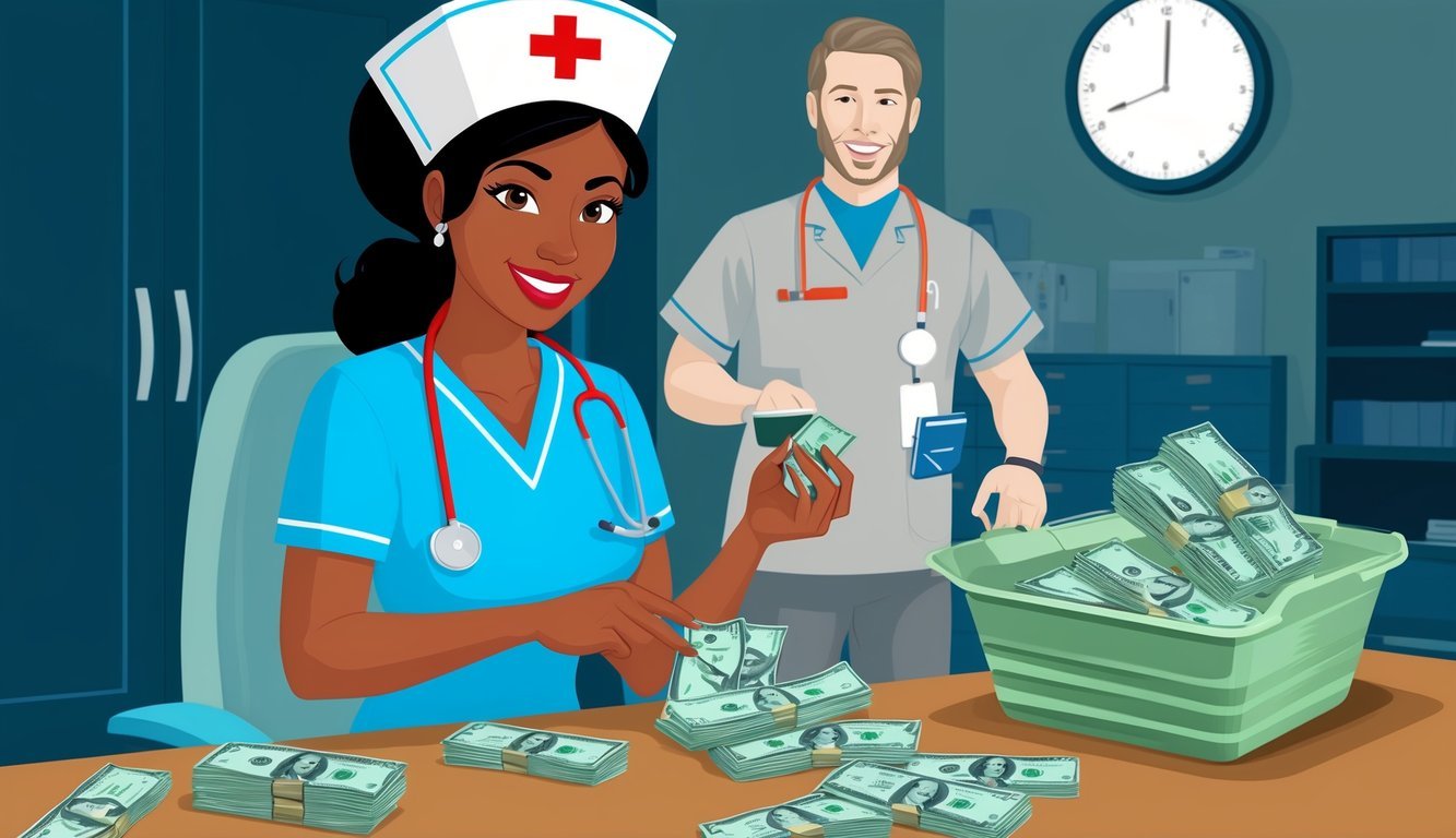 A nurse in Illinois counting money earned per hour