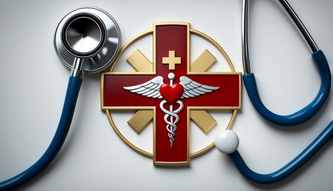 Medical symbol with stethoscope, red cross, caduceus, and heart
