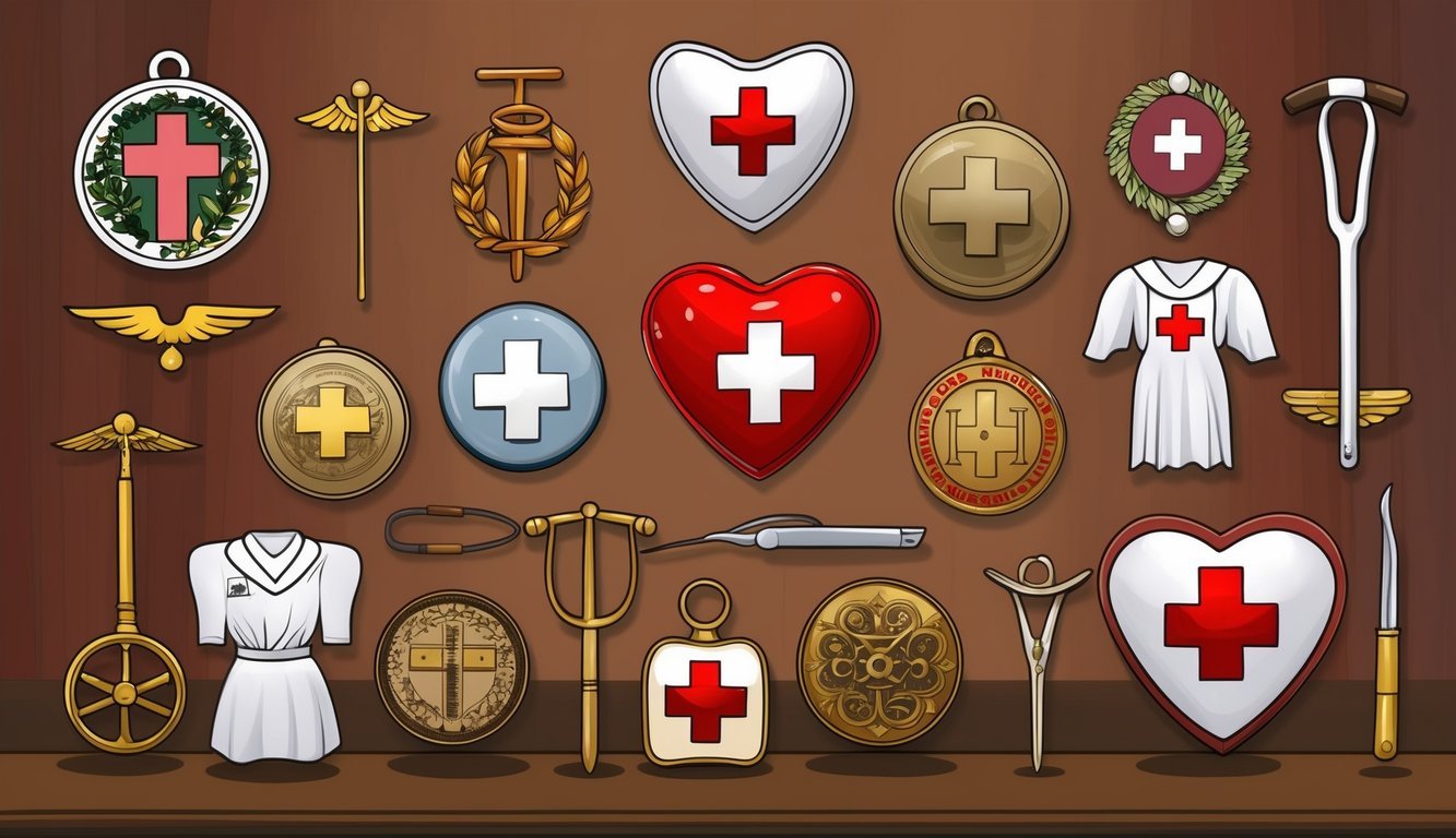 A collection of historical nursing symbols arranged on a table
