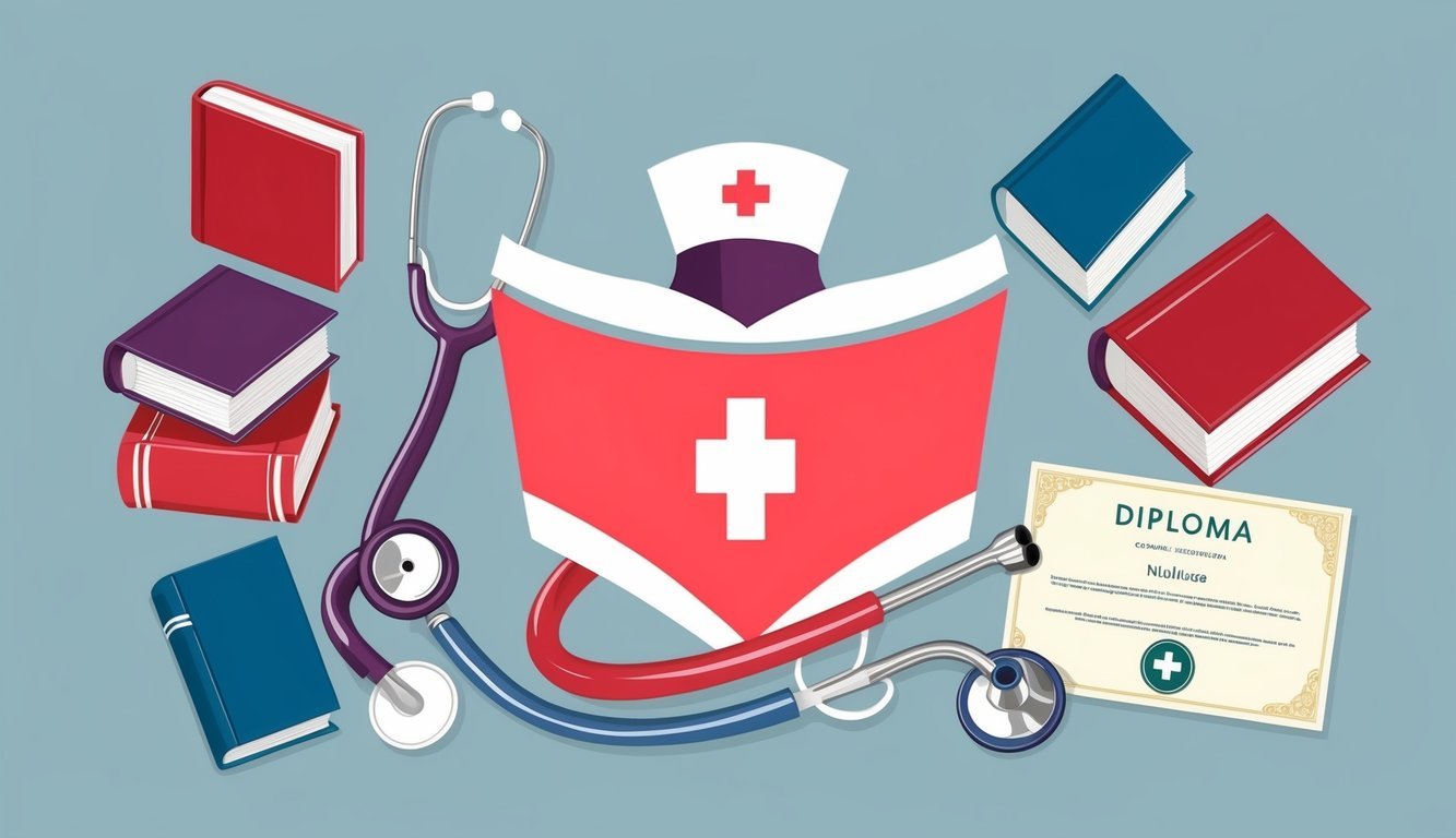A nurse symbol surrounded by books, a stethoscope, and a diploma