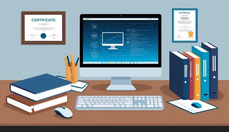 Desk with computer, books, certificates, and office supplies