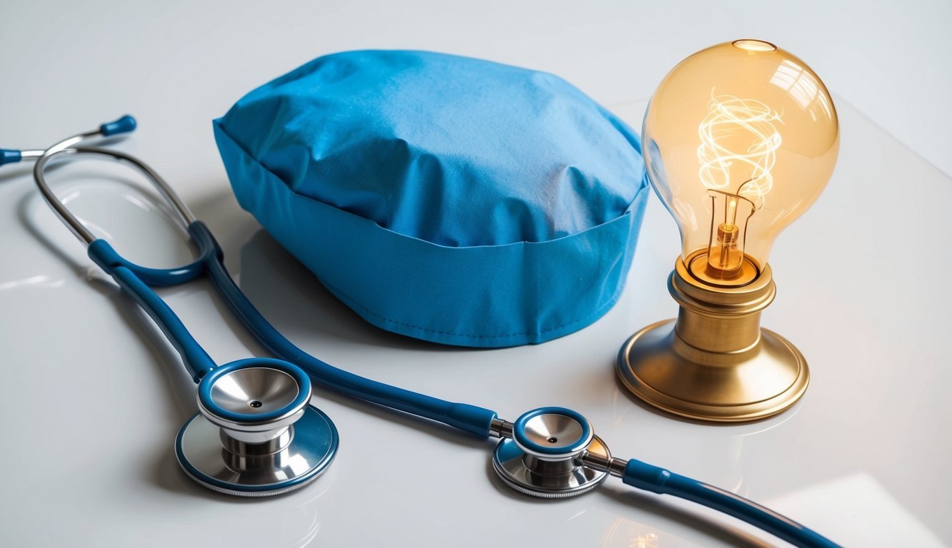 A stethoscope, nursing cap, and lamp of knowledge arranged on a clean, white surface