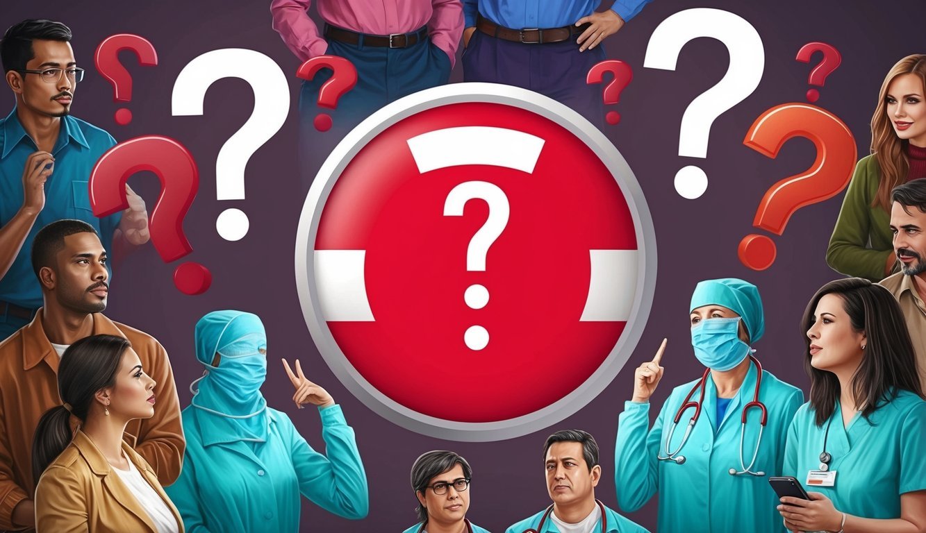 A nurse symbol surrounded by question marks and people