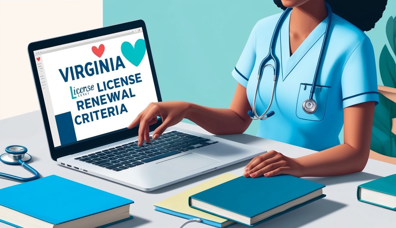 A nurse reviewing Virginia license renewal criteria on a laptop, with a stethoscope and nursing textbooks nearby