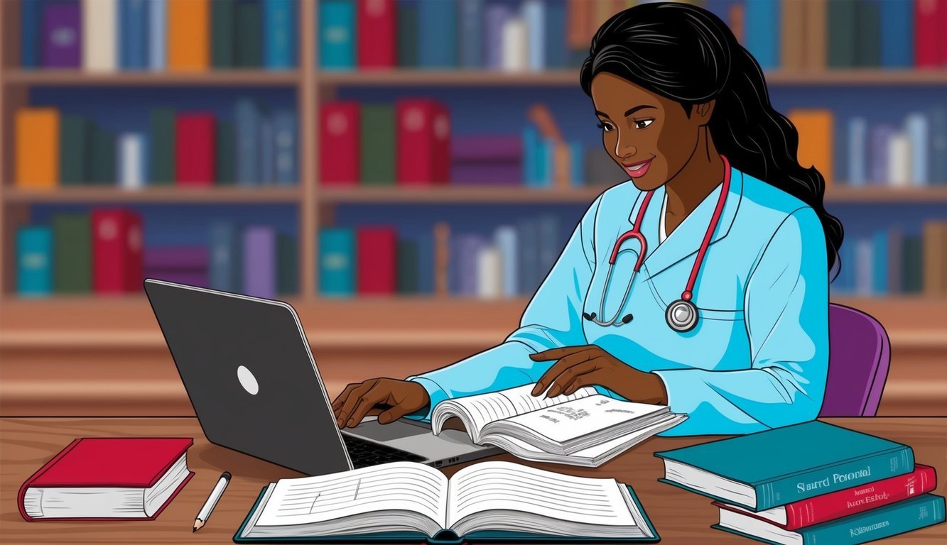 A nurse reviewing educational materials with a laptop and textbooks