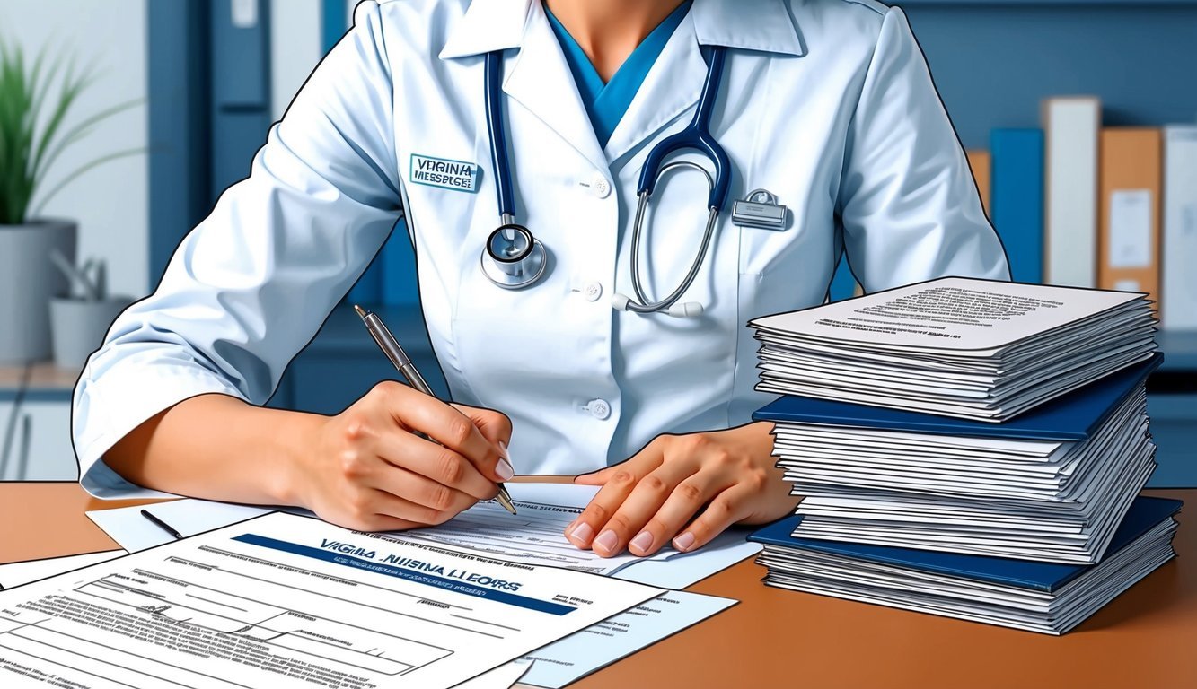 A nurse filling out paperwork at a desk with a Virginia nursing license renewal form and a stack of legal and regulatory documents