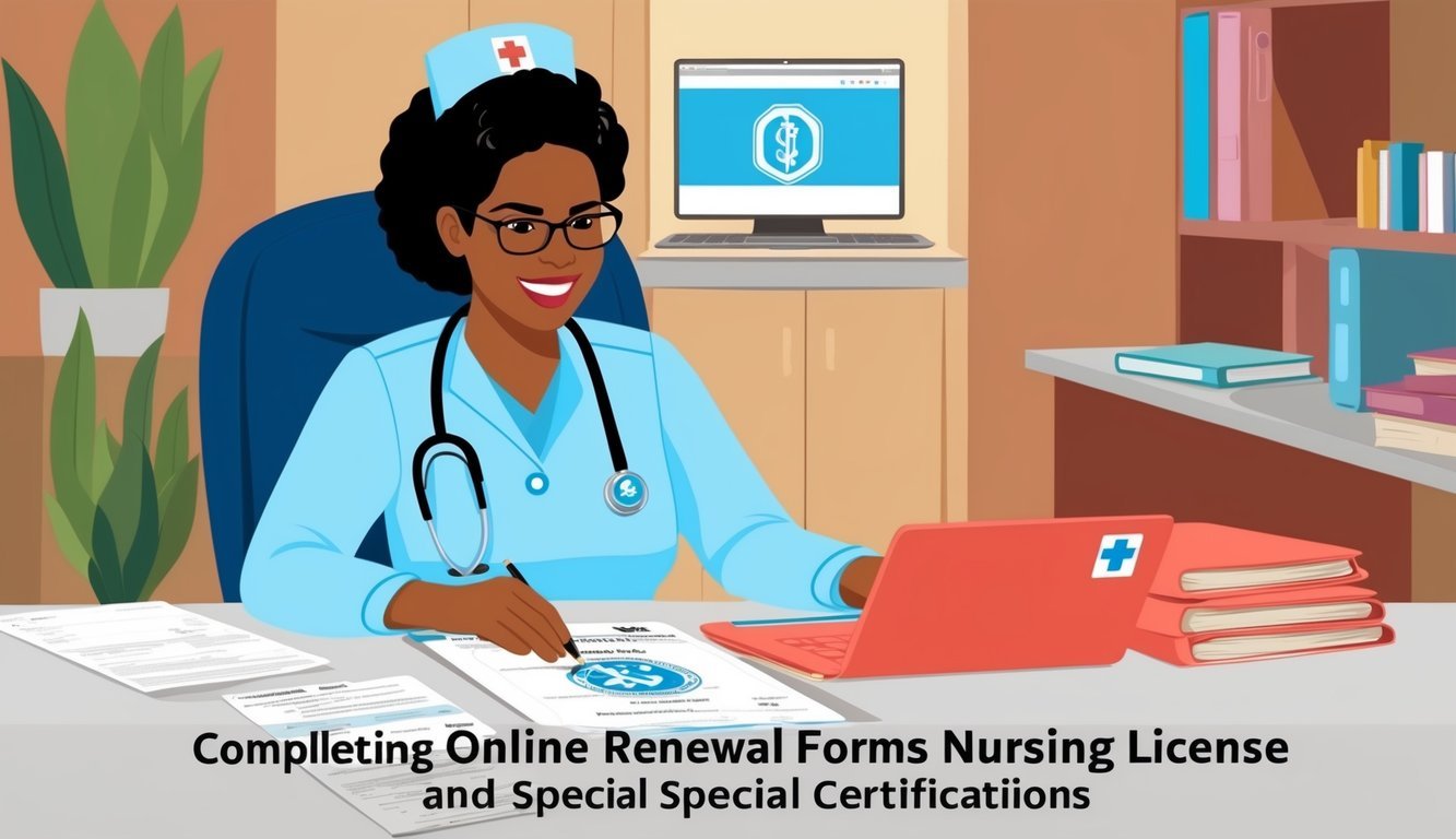 A nurse completing online renewal forms for Virginia nursing license and special certifications