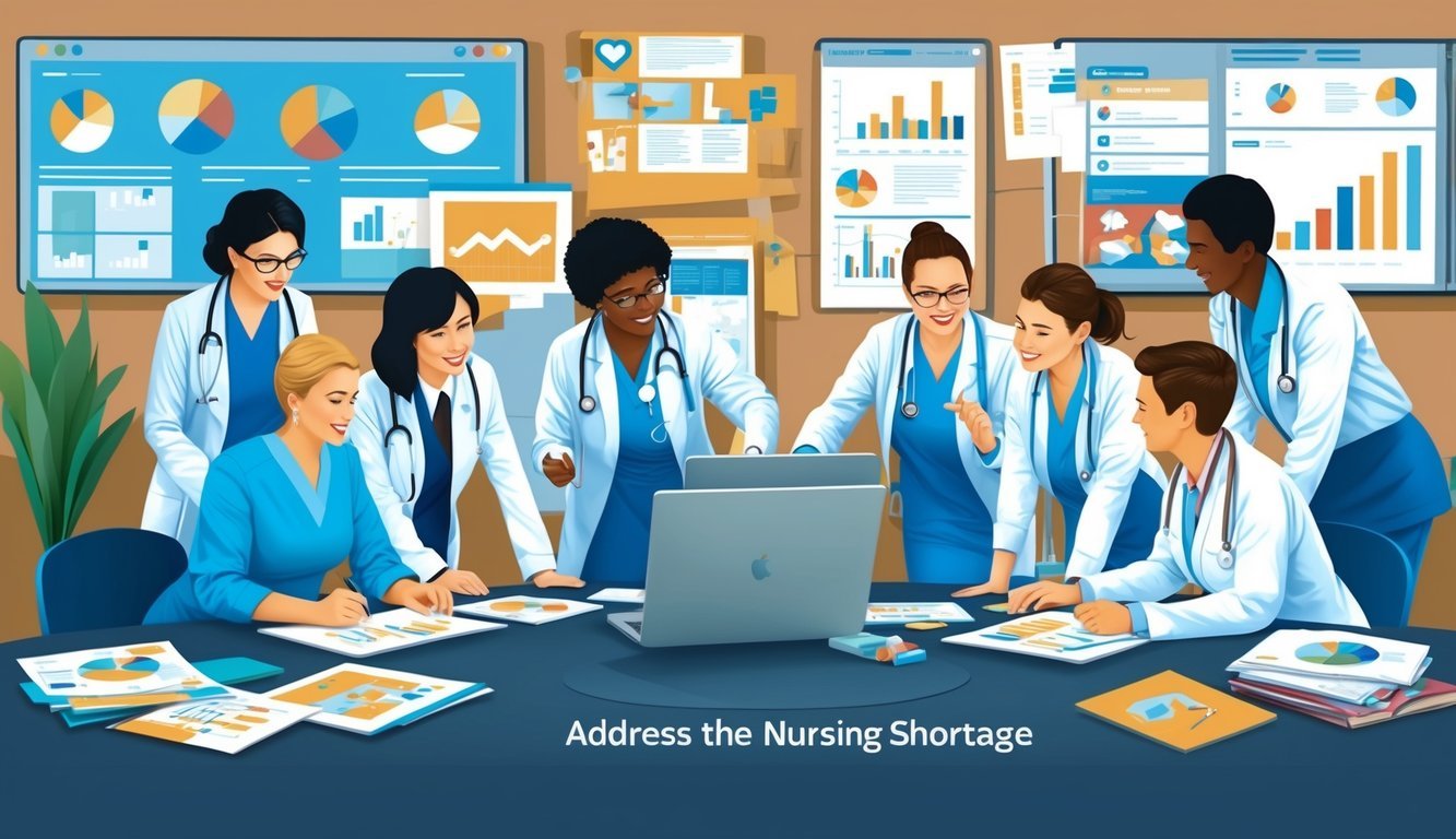 A group of healthcare professionals collaborating on strategies to address the nursing shortage, surrounded by charts, graphs, and brainstorming materials