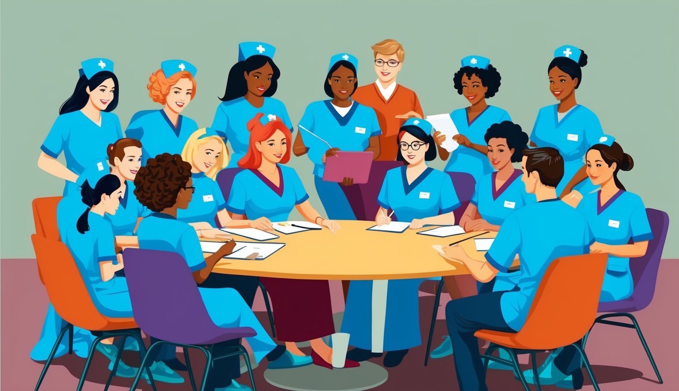 A group of nurses gathered around a table, brainstorming and discussing potential solutions to address the nursing shortage