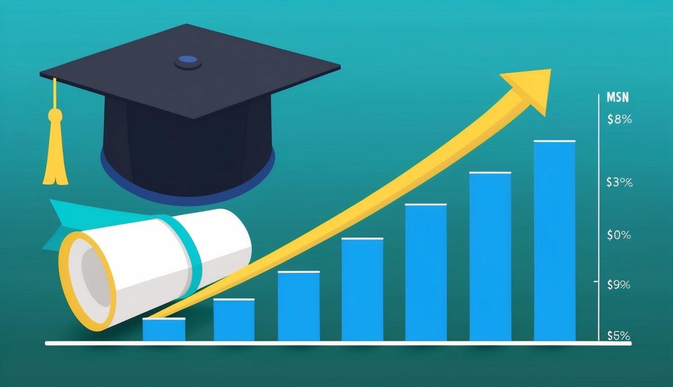 A graduation cap and diploma next to a chart showing a steady increase in salary, symbolizing the financial benefits of obtaining an MSN degree
