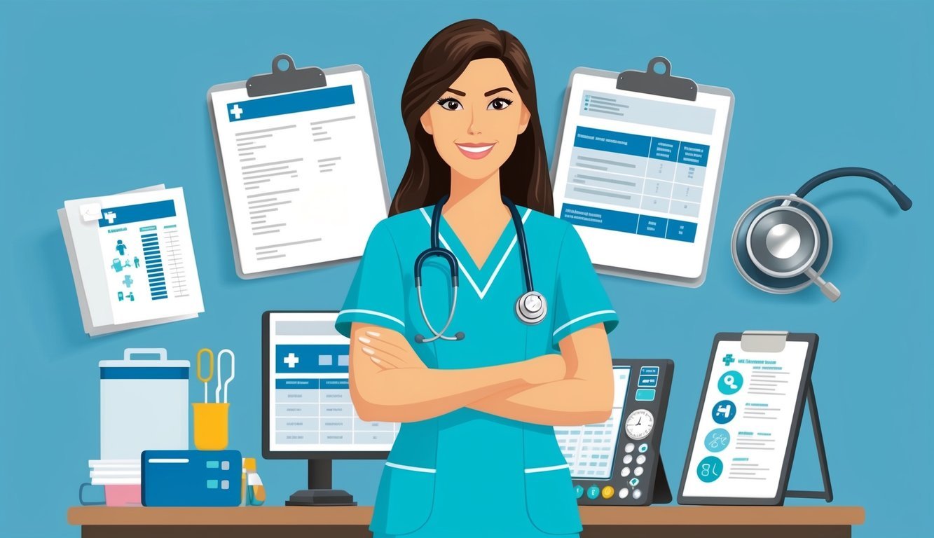 A nurse in scrubs standing confidently with a stethoscope around their neck, surrounded by medical equipment and charts, symbolizing advanced nursing practice and potential for increased salary