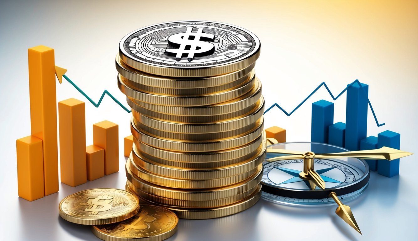 A stack of coins with a dollar sign on top, surrounded by upward-trending bar graphs and a compass pointing towards success