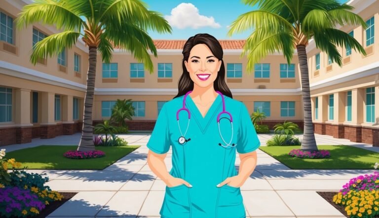 Smiling nurse in scrubs with stethoscope, standing in front of a building