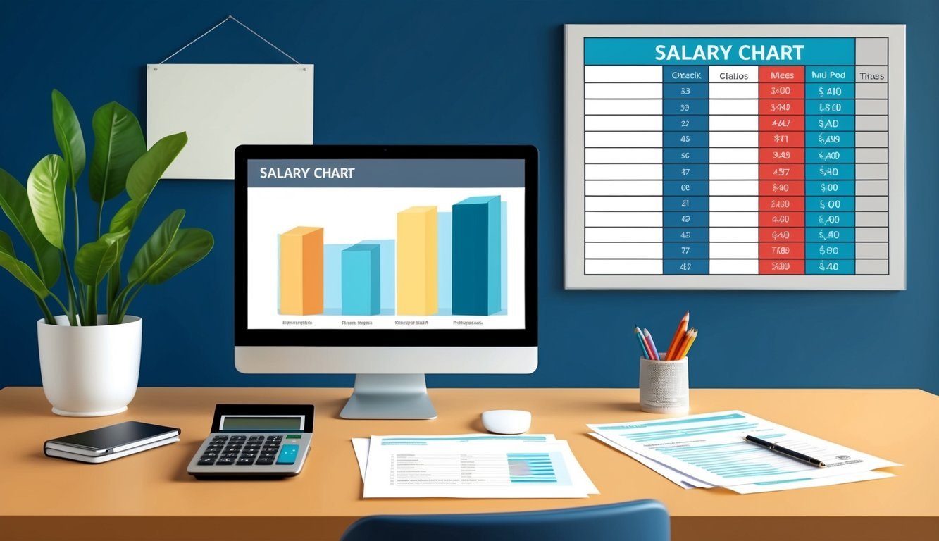 A desk with a computer, calculator, and paperwork.</p><p>A salary chart on the wall