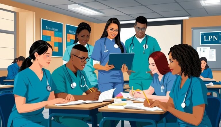 Nursing students in scrubs studying together in a classroom setting
