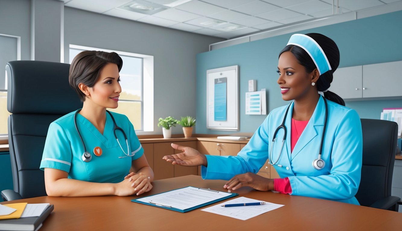 Two smiling nurses in scrubs at a desk, discussing paperwork