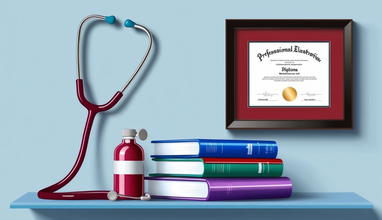 A stethoscope, medical textbooks, and a diploma framed on the wall
