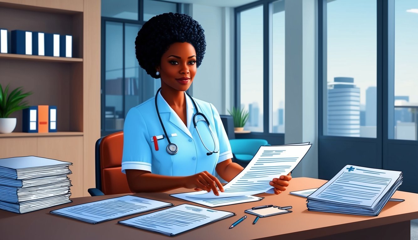 An advanced practice registered nurse reviewing legal documents and regulatory guidelines in a modern office setting