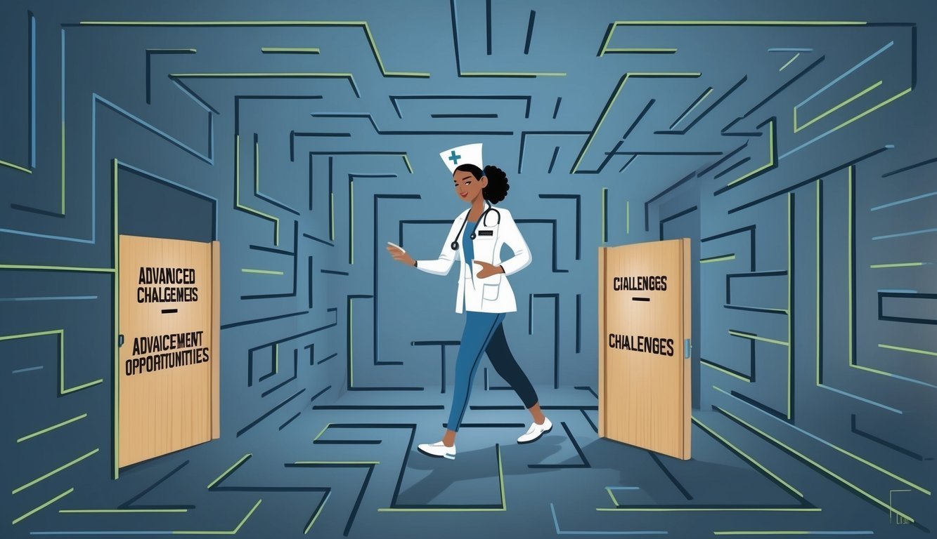 An advanced practice registered nurse navigating a complex maze with doors labeled "Advancement Opportunities" and "Challenges."