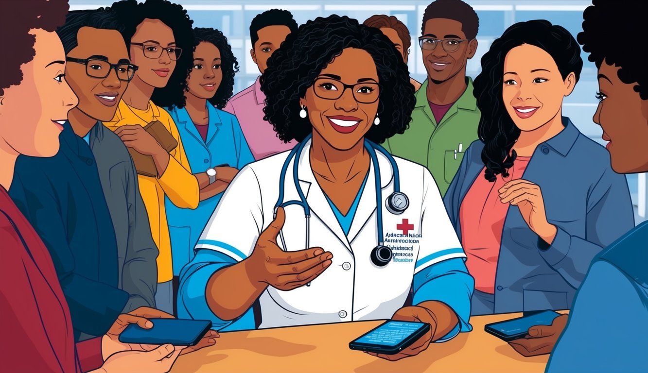 An advanced practice registered nurse surrounded by a group of people, answering questions and providing information