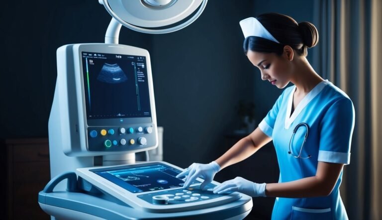 Nurse operating an ultrasound machine, looking at the screen