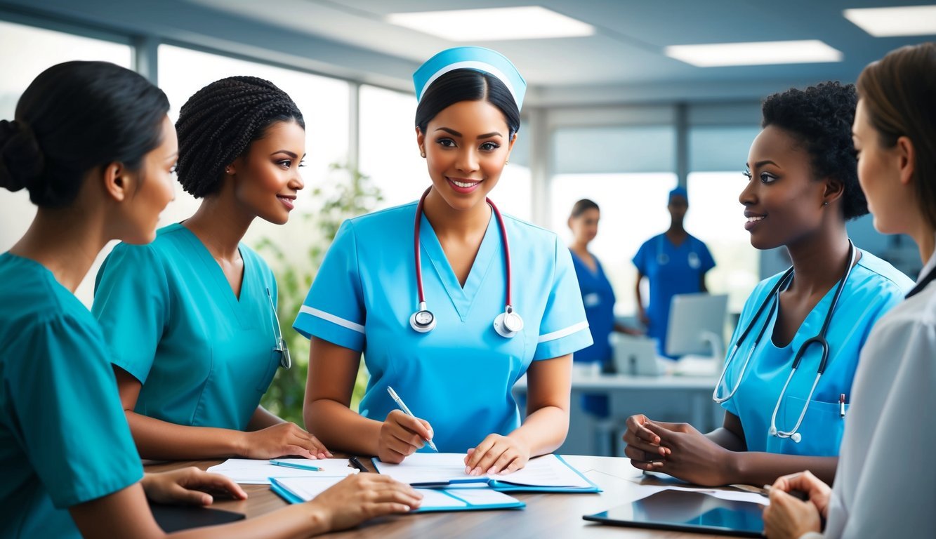 A nurse in a clinical setting, consulting with patients and collaborating with other healthcare professionals