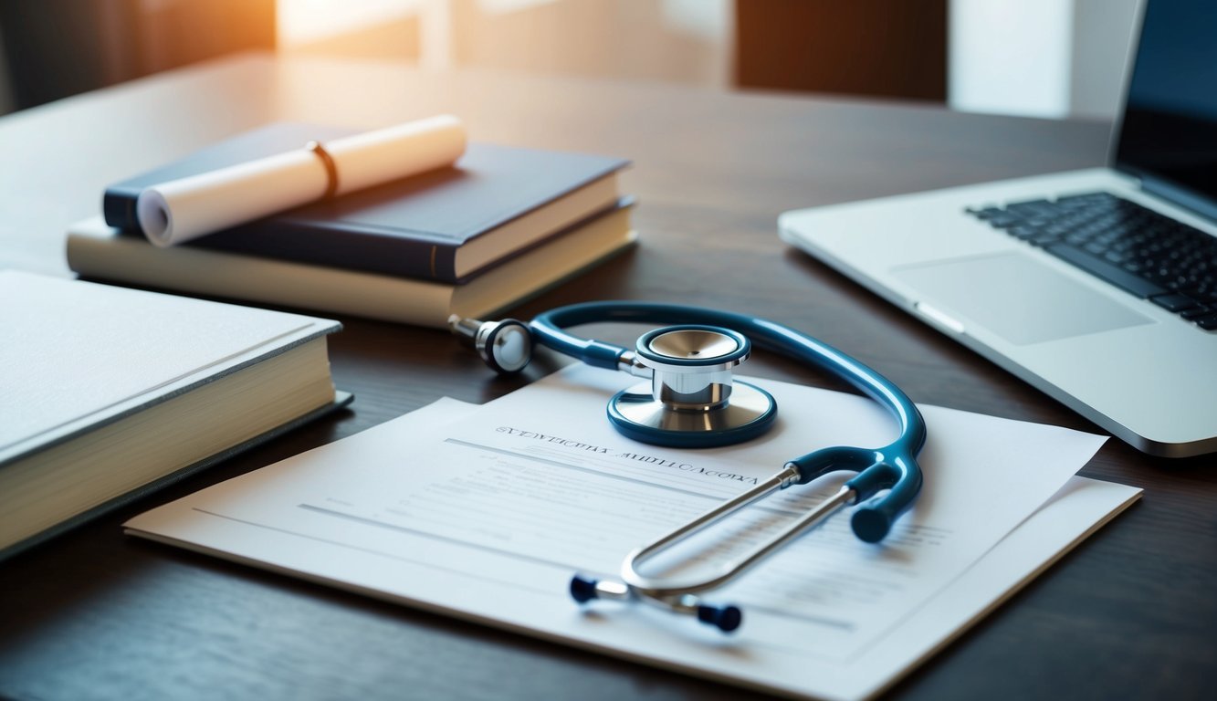 A stethoscope and diploma on a desk, with medical textbooks and a laptop nearby