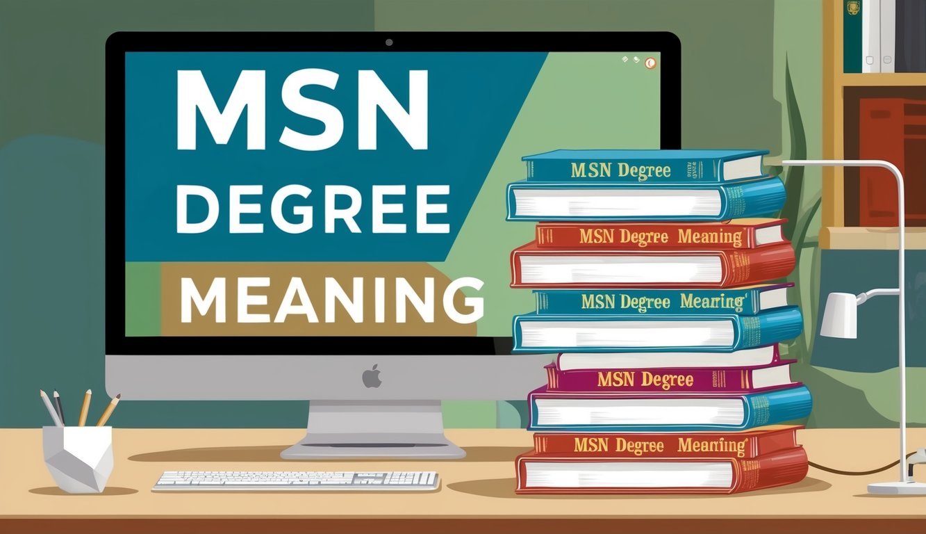 A stack of books with "MSN Degree Meaning" on a computer screen