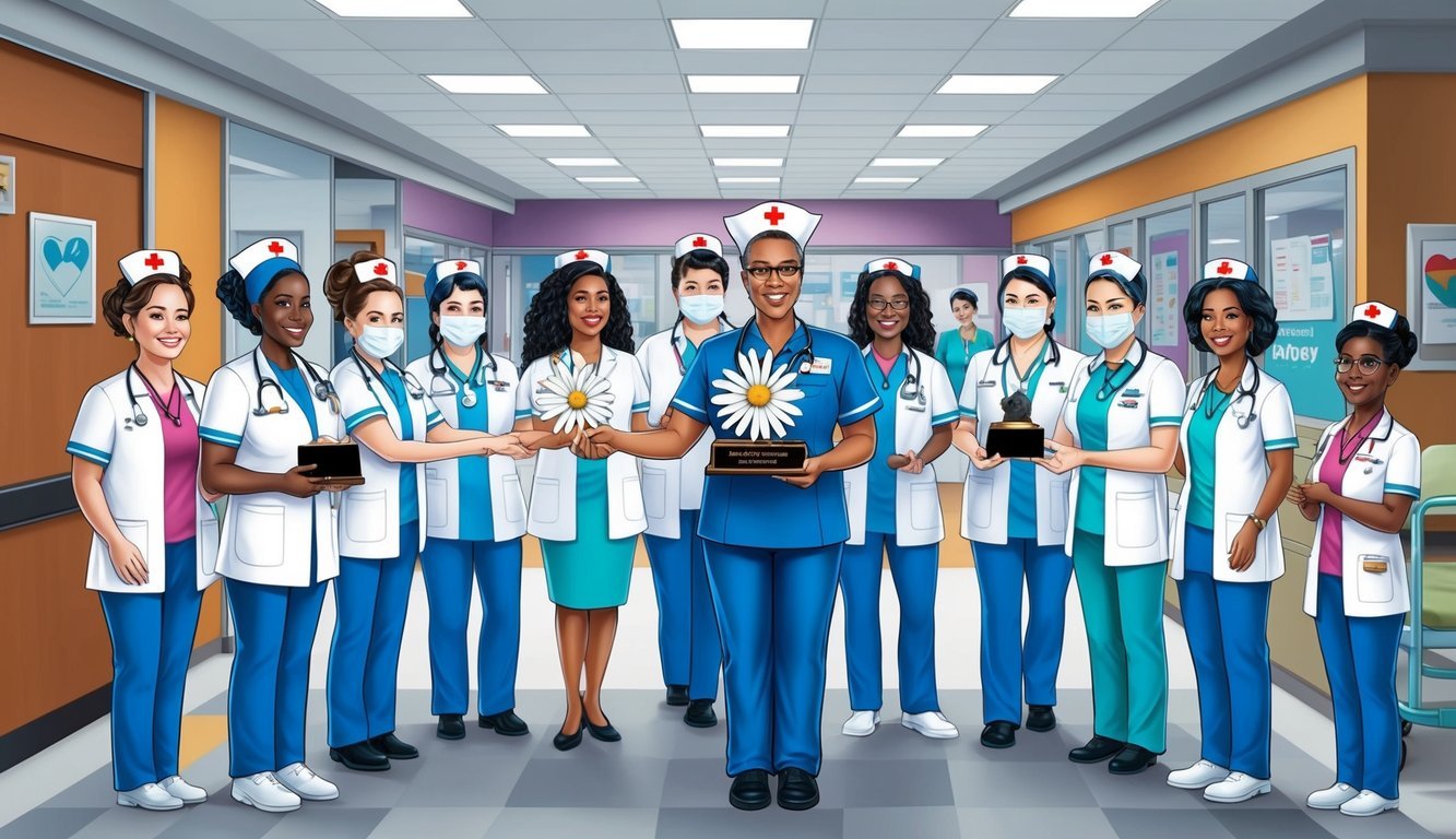 A group of nurses gathered in a hospital setting, with one nurse being honored and presented with the DAISY Award by their colleagues and hospital staff