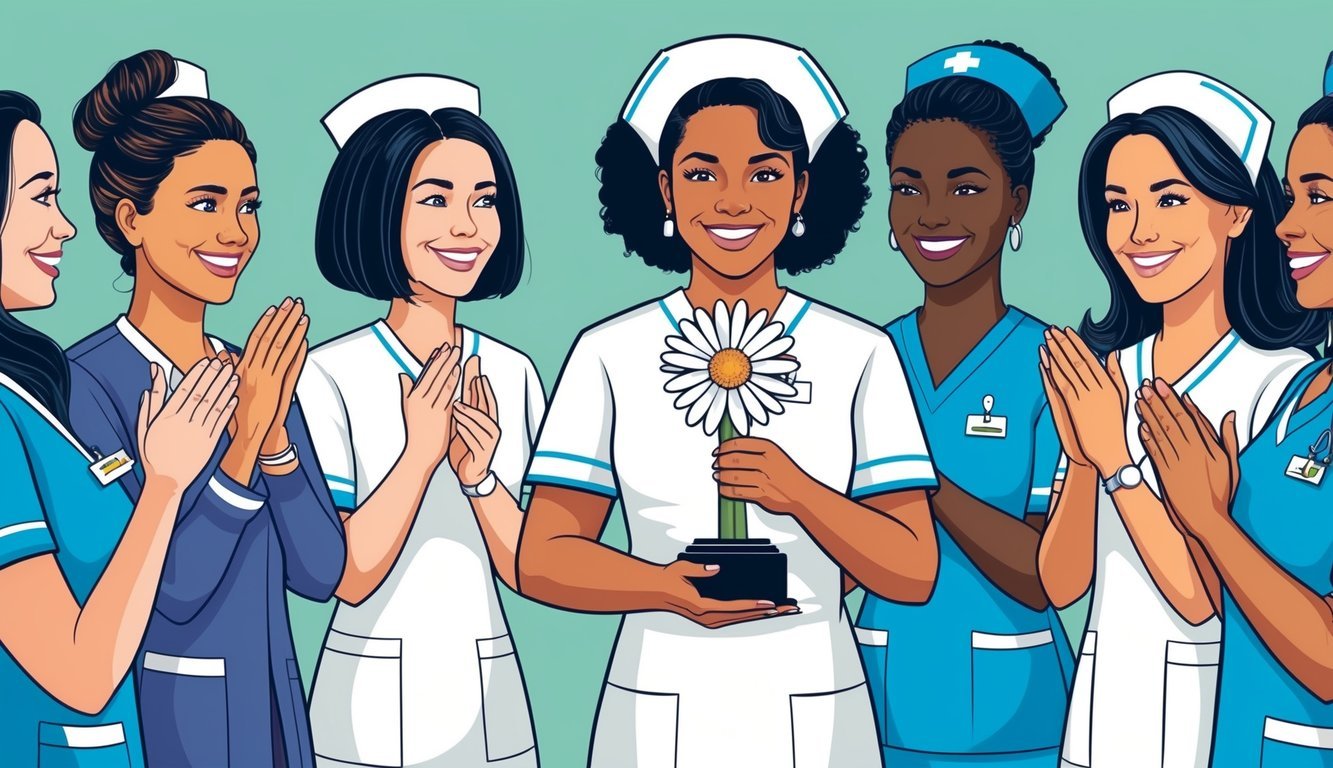 A group of nurses standing in a circle, one holding a daisy flower award, while others clap and smile