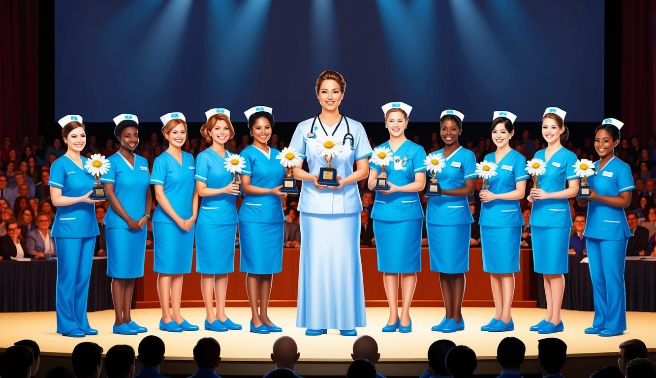 A group of nurses receiving the DAISY Award on a stage in front of a large audience