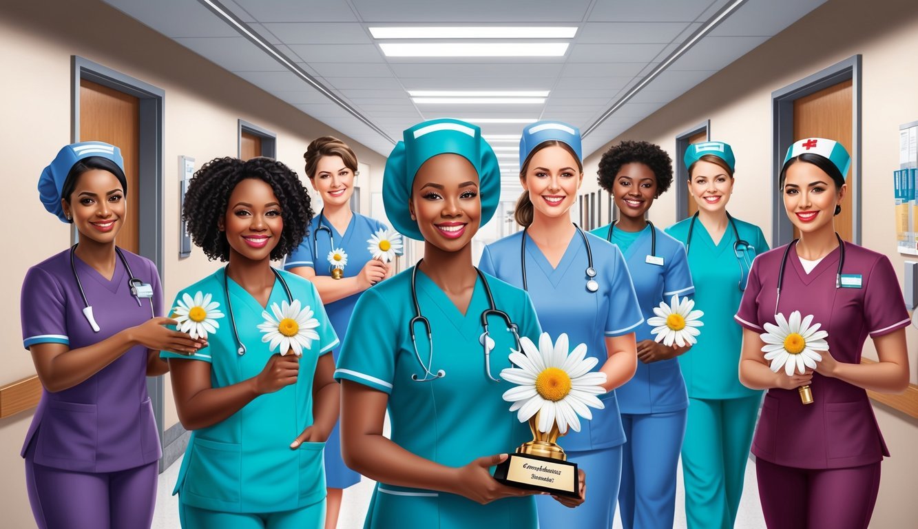A group of nurses stand in a hospital hallway, one holding a daisy award trophy while others look on with smiles and congratulations