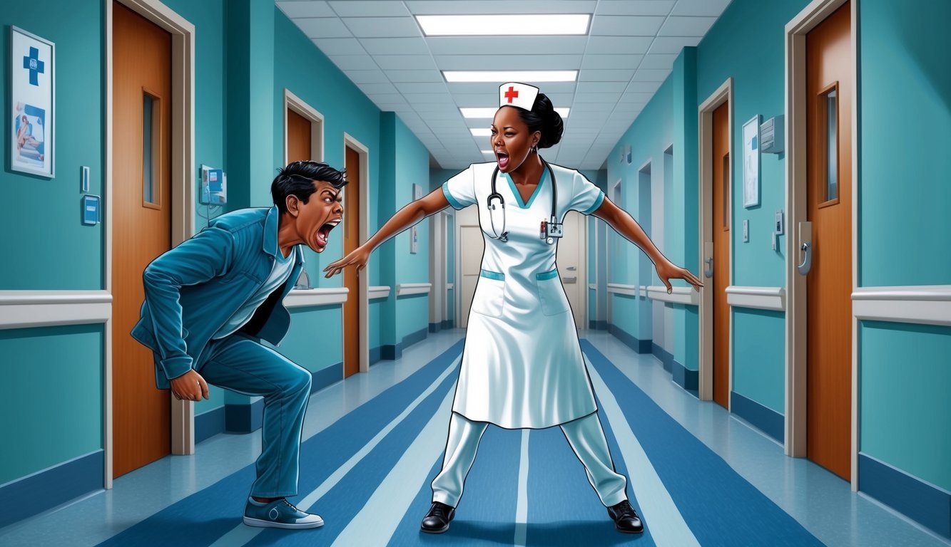 A nurse standing in a hospital corridor, facing a patient who is lunging forward with an aggressive expression